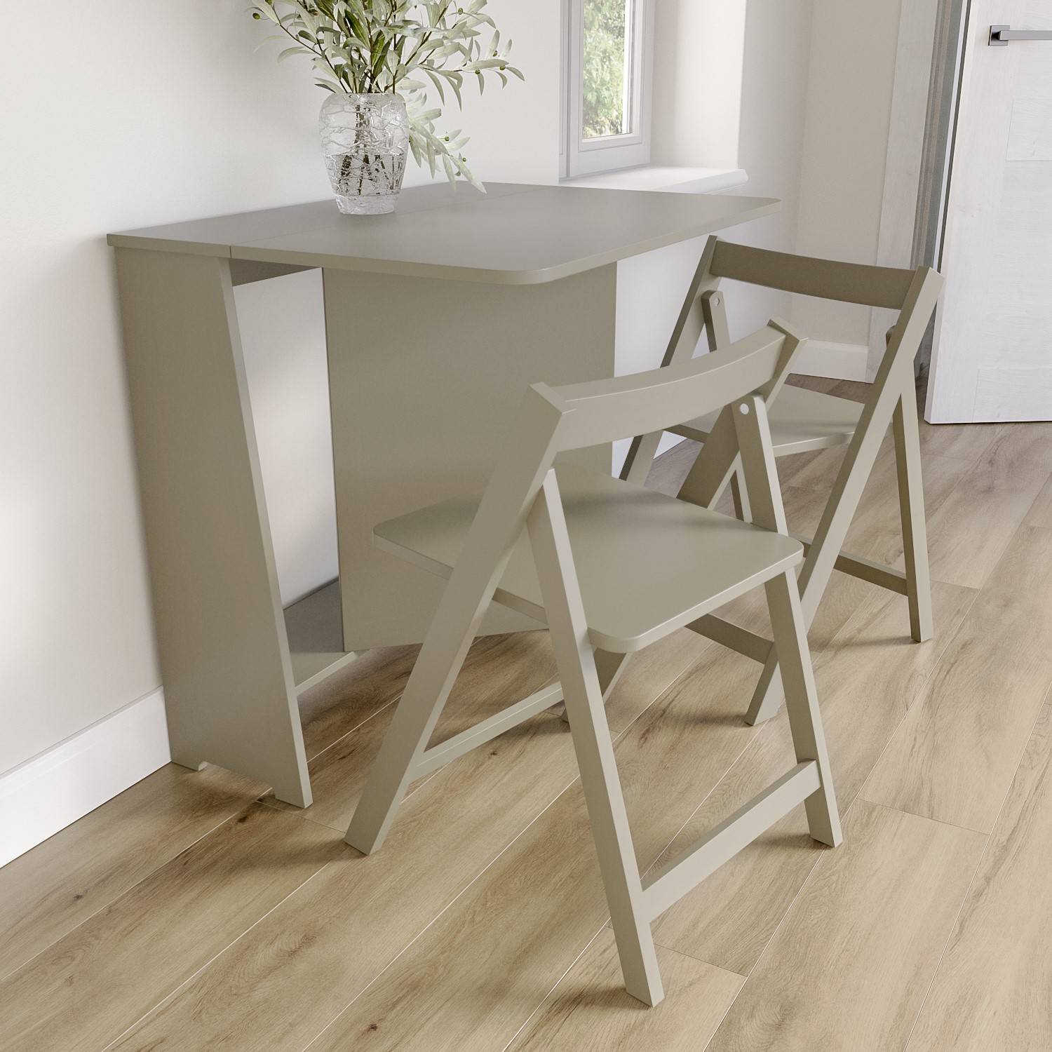 Read more about Taupe space saving drop leaf dining table and chairs seats 2 kylee